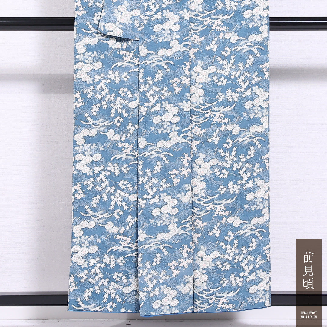 小紋 袷 身丈152cm 裄丈62cm 正絹 Sランク インフォーマル 広衿 Sサイズ 菊 紅葉 青系 RP 1221-11566