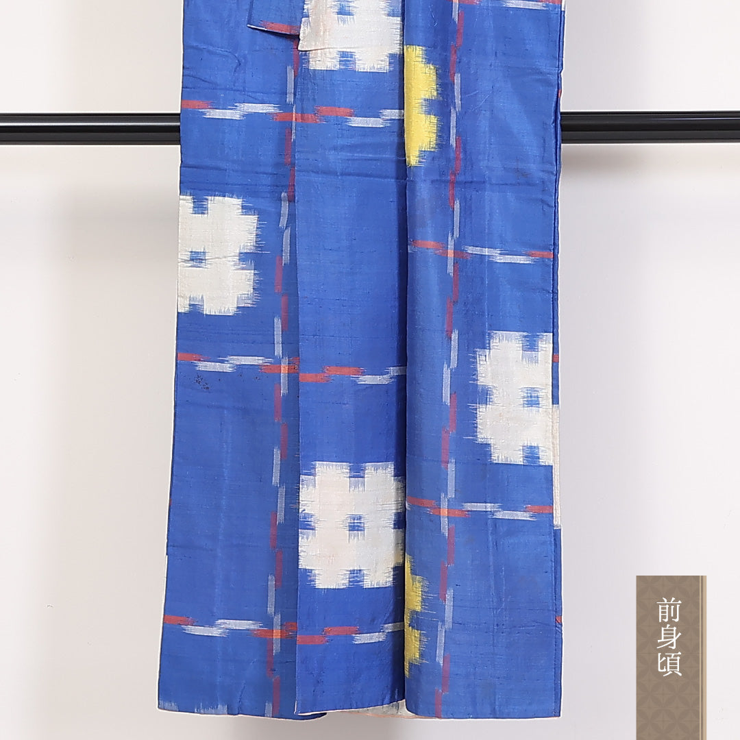 アンティーク 銘仙の着物 袷 身丈146cm 裄丈61cm 正絹 Cランク バチ衿 XSサイズ 井桁絣 青系 RP 1223-03746
