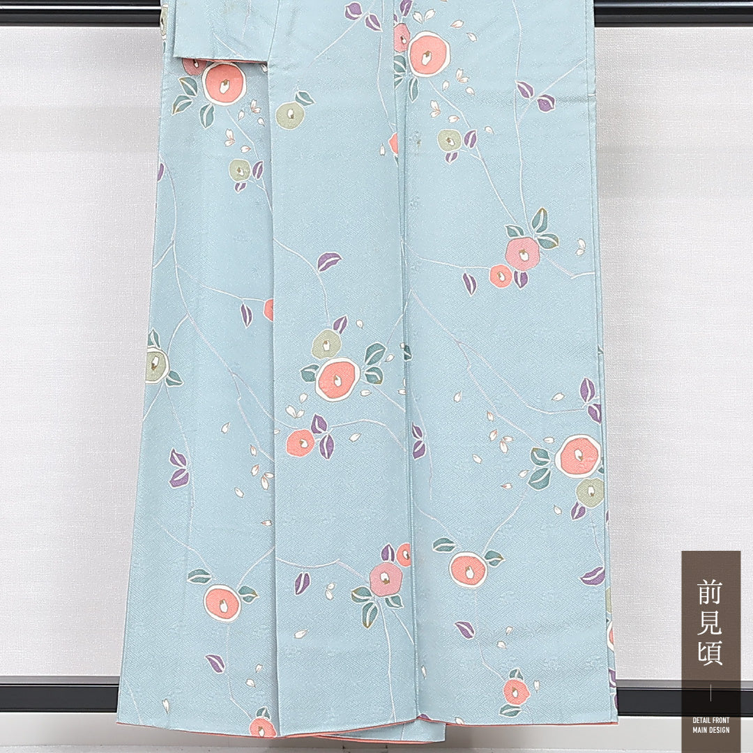 小紋 袷 身丈154cm 裄丈62.5cm Cランク 正絹 広衿 Sサイズ カジュアル 紋意匠 椿 琳派 水色系 上品 しとやか 1215-13226