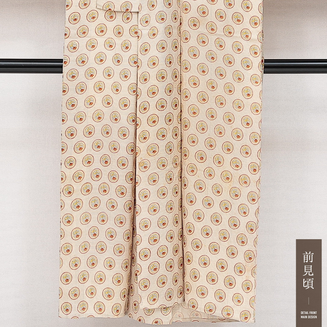 アンティーク 夏物 小紋 絽 身丈142cm 裄丈64cm 正絹 Cランク 広衿 XSサイズ 花柄 クリーム系 RP 1221-14240