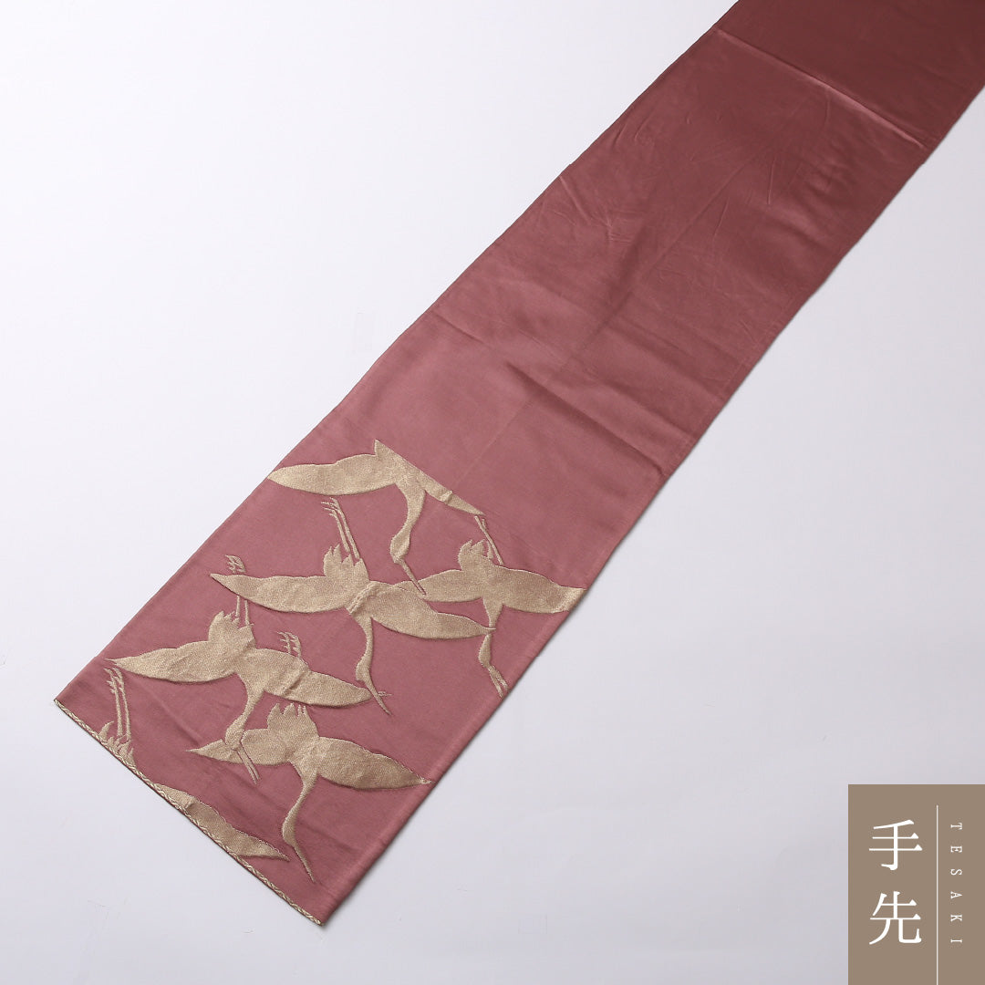 袋帯 帯丈412cm 六通 フォーマル Aランク 正絹 唐織 鶴 古典的 気品 紫系 1223-01505