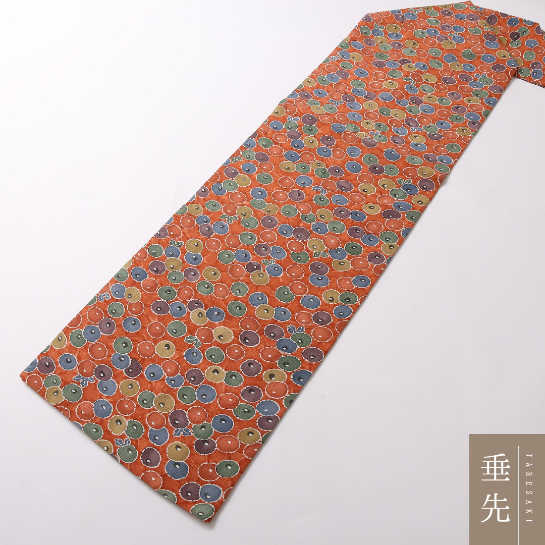 九寸 名古屋帯 帯丈360cm 名古屋仕立て 全通 Nランク カジュアル 正絹 ちりめん 饅頭菊 レトロ 可愛らしい 朱系 1224-02944
