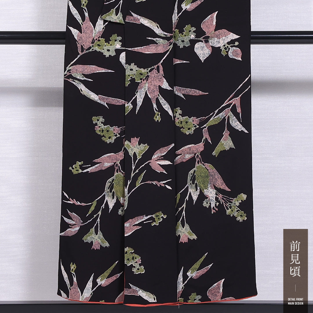 小紋 袷 身丈148cm 裄丈61cm 正絹 Bランク インフォーマル バチ衿 XSサイズ 植物柄 黒系 HP 1221-11502