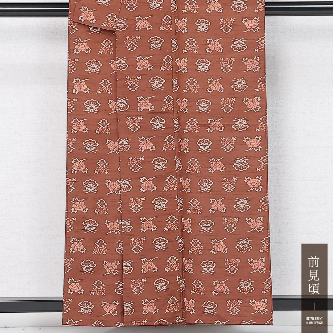洗える着物 小紋 袷 身丈156cm 裄丈62cm ポリエステル Sランク インフォーマル 広衿 Mサイズ 花柄 松 古典柄 茶系 RP 1221-11887