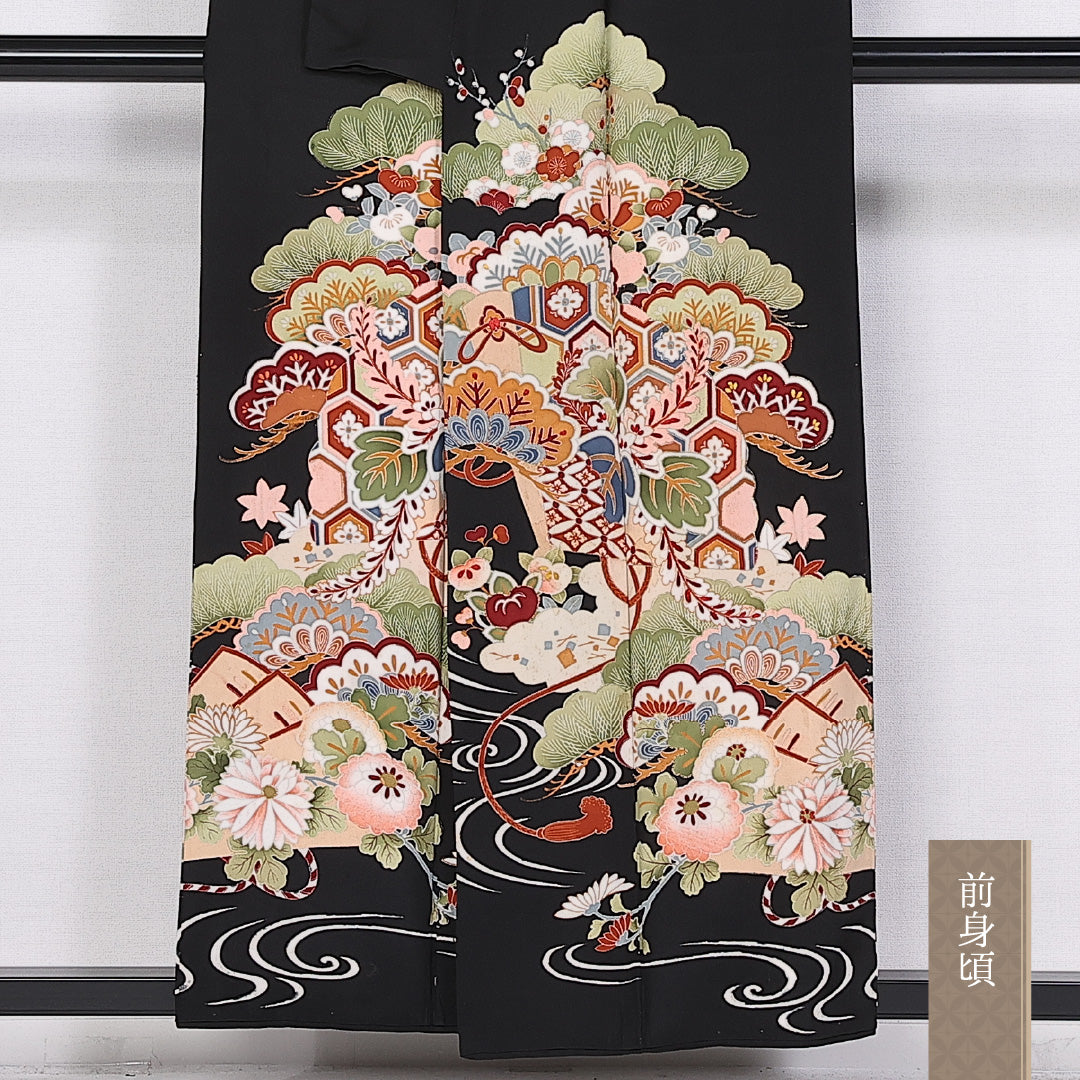 アンティーク 黒留袖 五つ紋 丸に梅鉢 身丈155cm 裄丈62cm Aランク 正絹 袷 広衿 M 金駒刺繍 吉祥文様 梅 松 黒系 1211-F0333