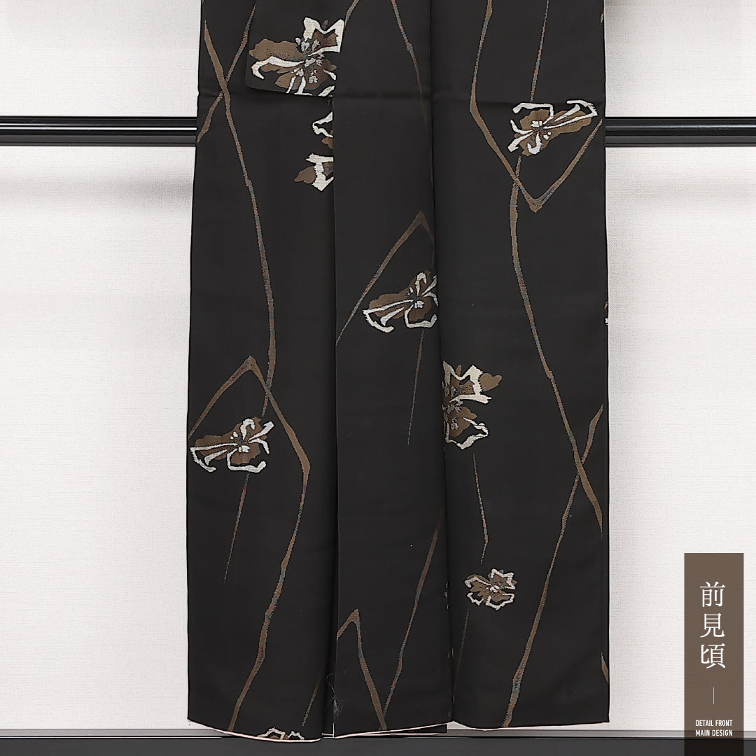 お召 袷 身丈149cm 裄丈62cm 正絹 Dランク インフォーマル 広衿 XSサイズ 花柄 黒系 LP 1222-13284