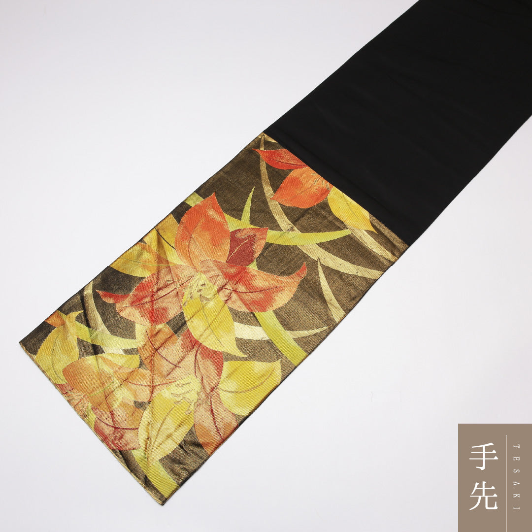 振袖用 袋帯 帯丈430cm 正絹 六通 百合 黒系 金系 1243-01224
