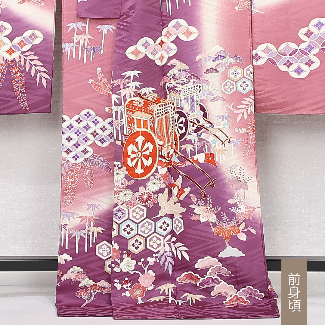 振袖 身丈173cm 裄丈69.5cm Sランク 正絹 袷 広衿 2XL 金駒刺繍 御所車 フォーマル 紫系 1213-F0516