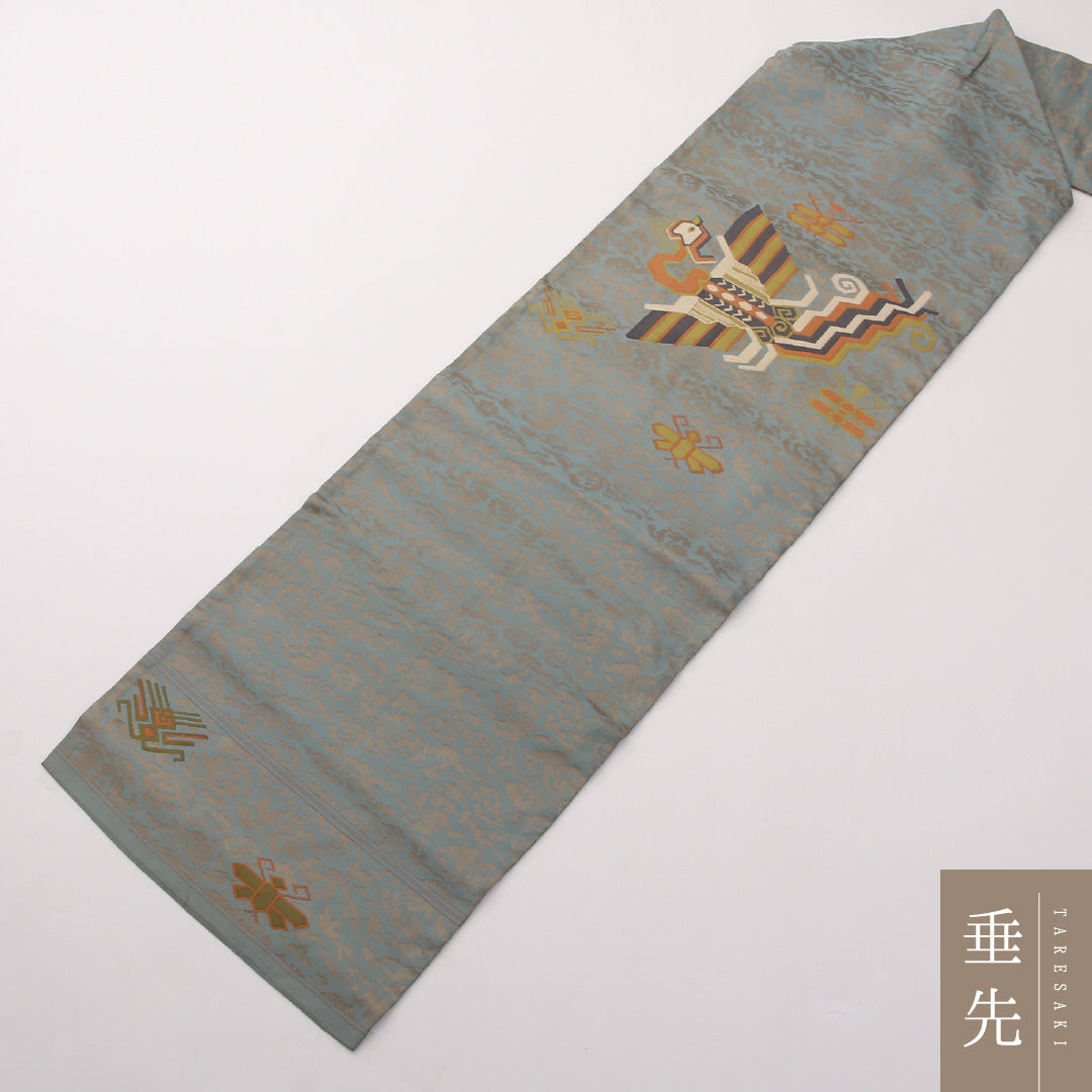 アンティーク 名古屋帯 六通 帯丈337cm Bランク 正絹 鳥 グレー系 1224-02254