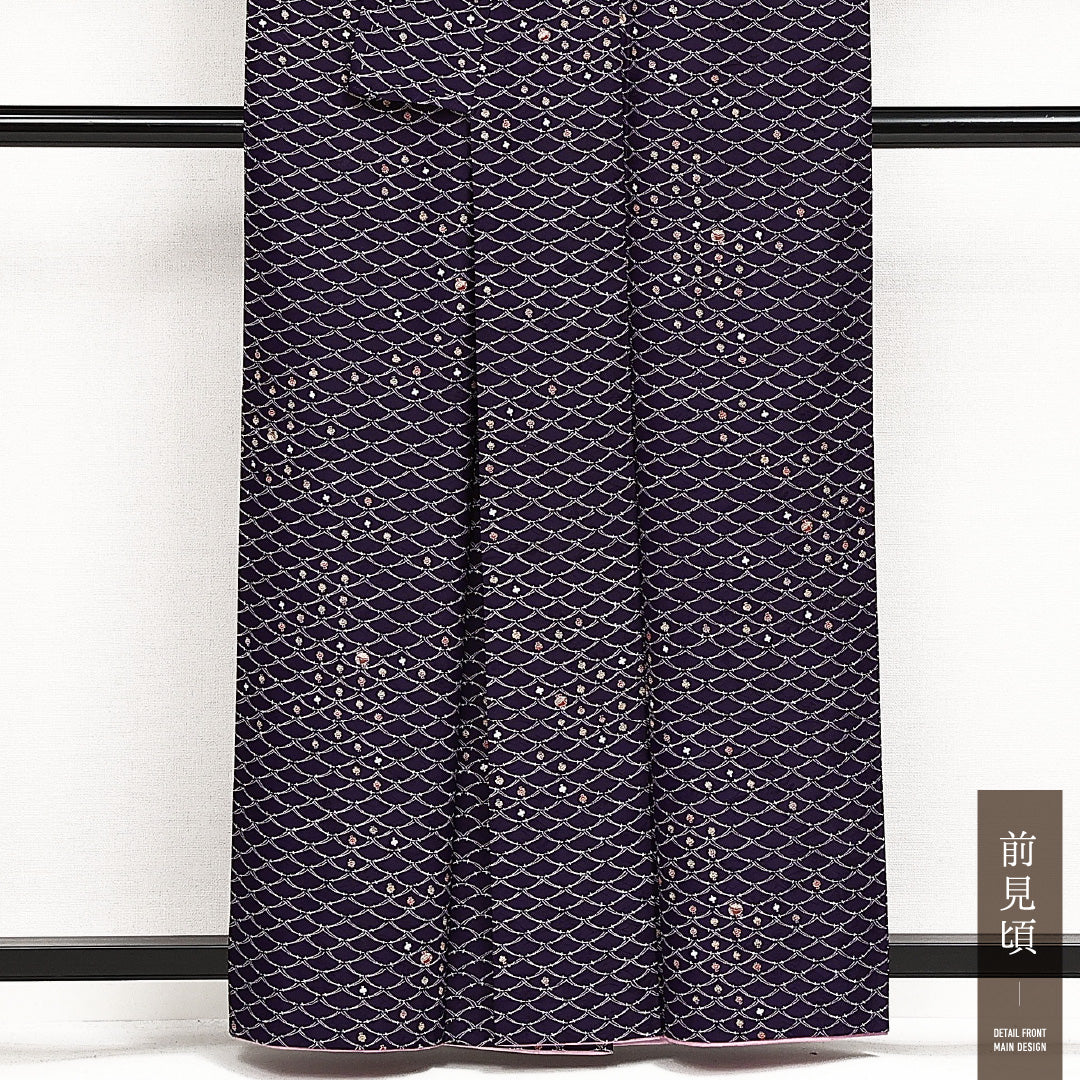 洗える着物 小紋 袷 身丈158cm 裄丈65cm ポリエステル Aランク インフォーマル 広衿 Mサイズ 小槌 紫系 RP 1221-14021