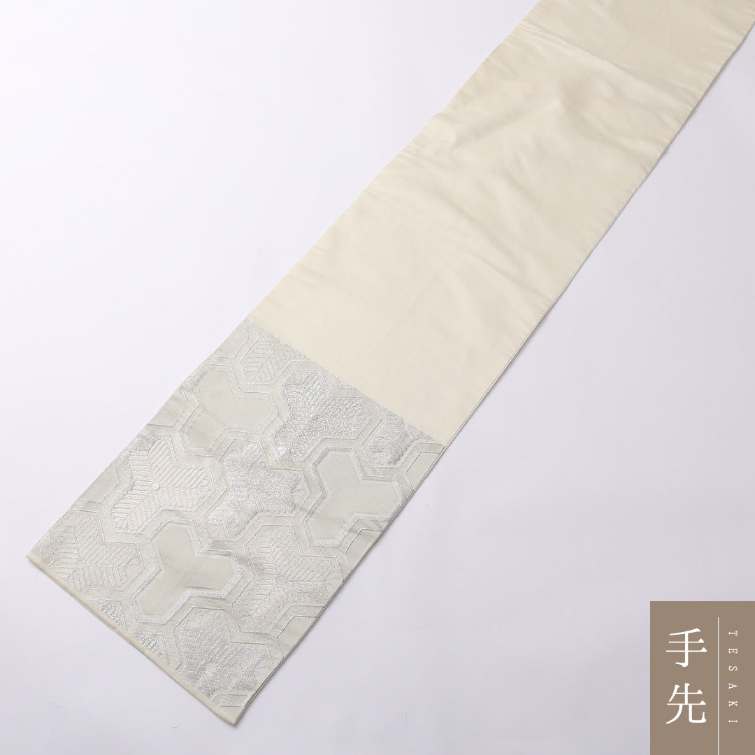 袋帯 帯丈404cm 正絹 六通 フォーマル 毘沙門亀甲 松 吉祥文様 銀系 1243-01541