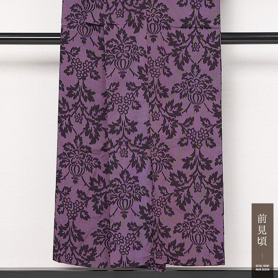 アンティーク お召 袷 身丈149cm 裄丈63cm 正絹 Aランク バチ衿 XSサイズ 花柄 紫系 RP 1222-13557