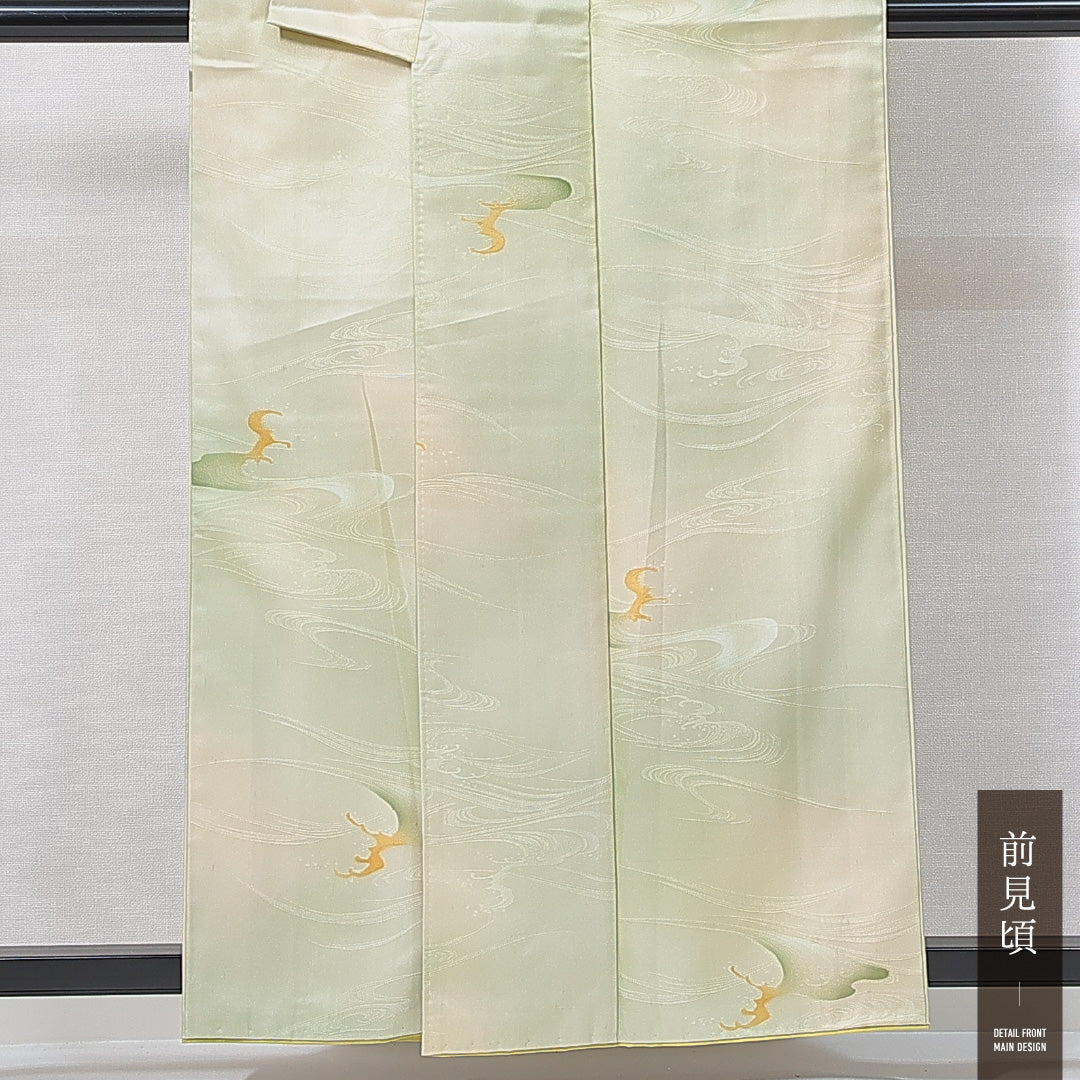 小紋 洗える着物 袷 身丈156cm 裄丈66cm ポリエステル Cランク Mサイズ 広衿 インフォーマル 織り出し 波頭 緑系 1215-14976