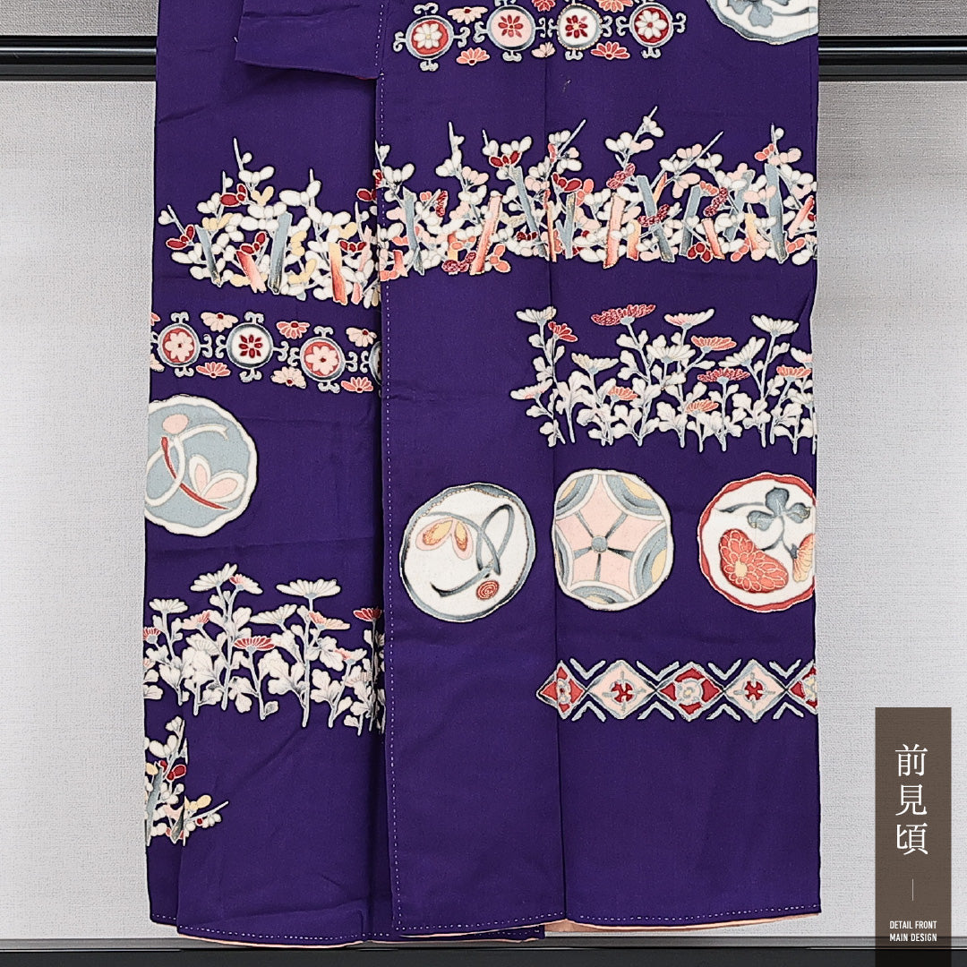 アンティーク 付下げ 袷 身丈150cm 裄丈60cm 正絹 Bランク バチ衿 Sサイズ 金彩 花柄 丸文 紺系 RP 1218-14572