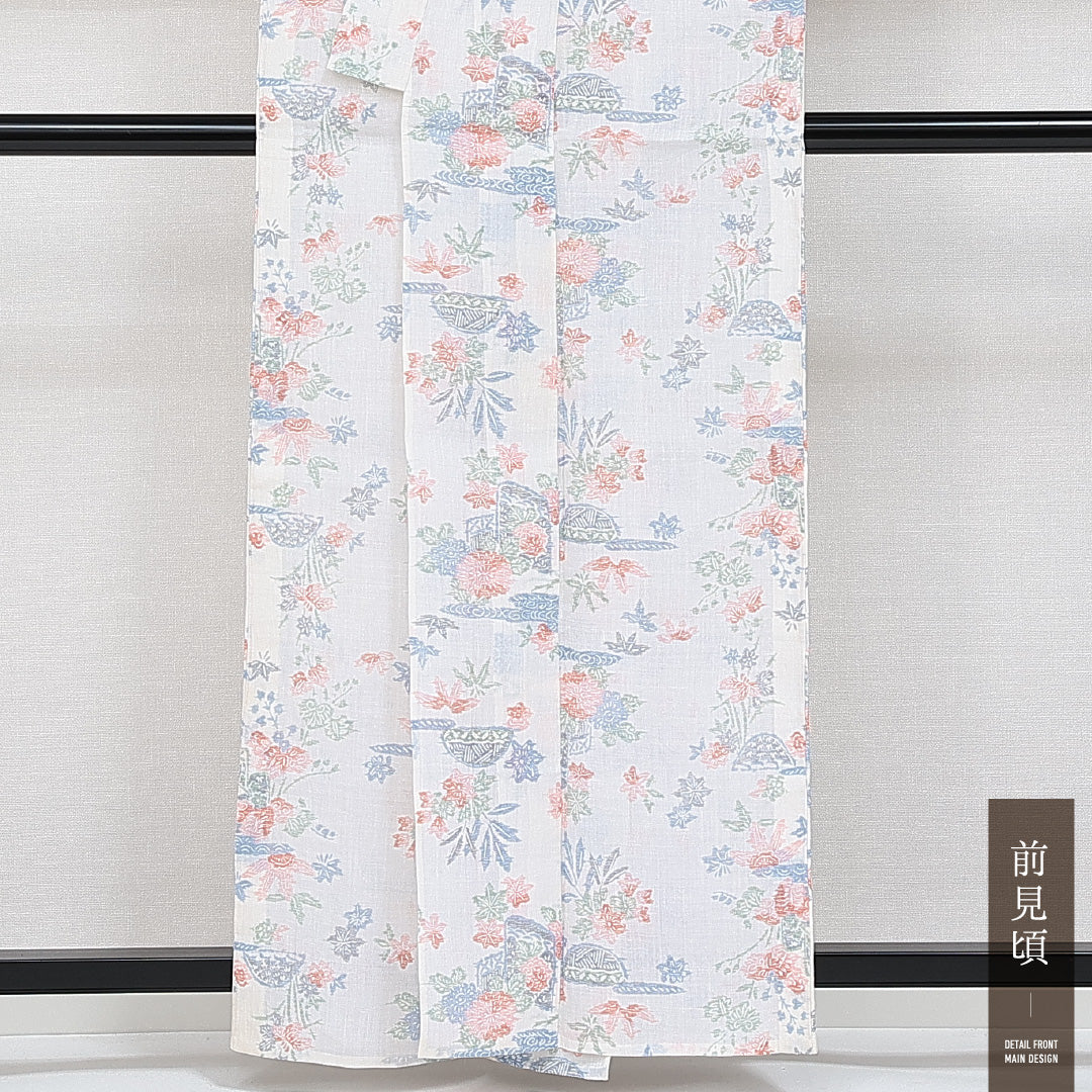 麻の紬 夏物 洗える着物 夏物 身丈159cm 裄丈65cm 麻 Bランク Mサイズ バチ衿 カジュアル 菊 紅葉 白系 1216-14591