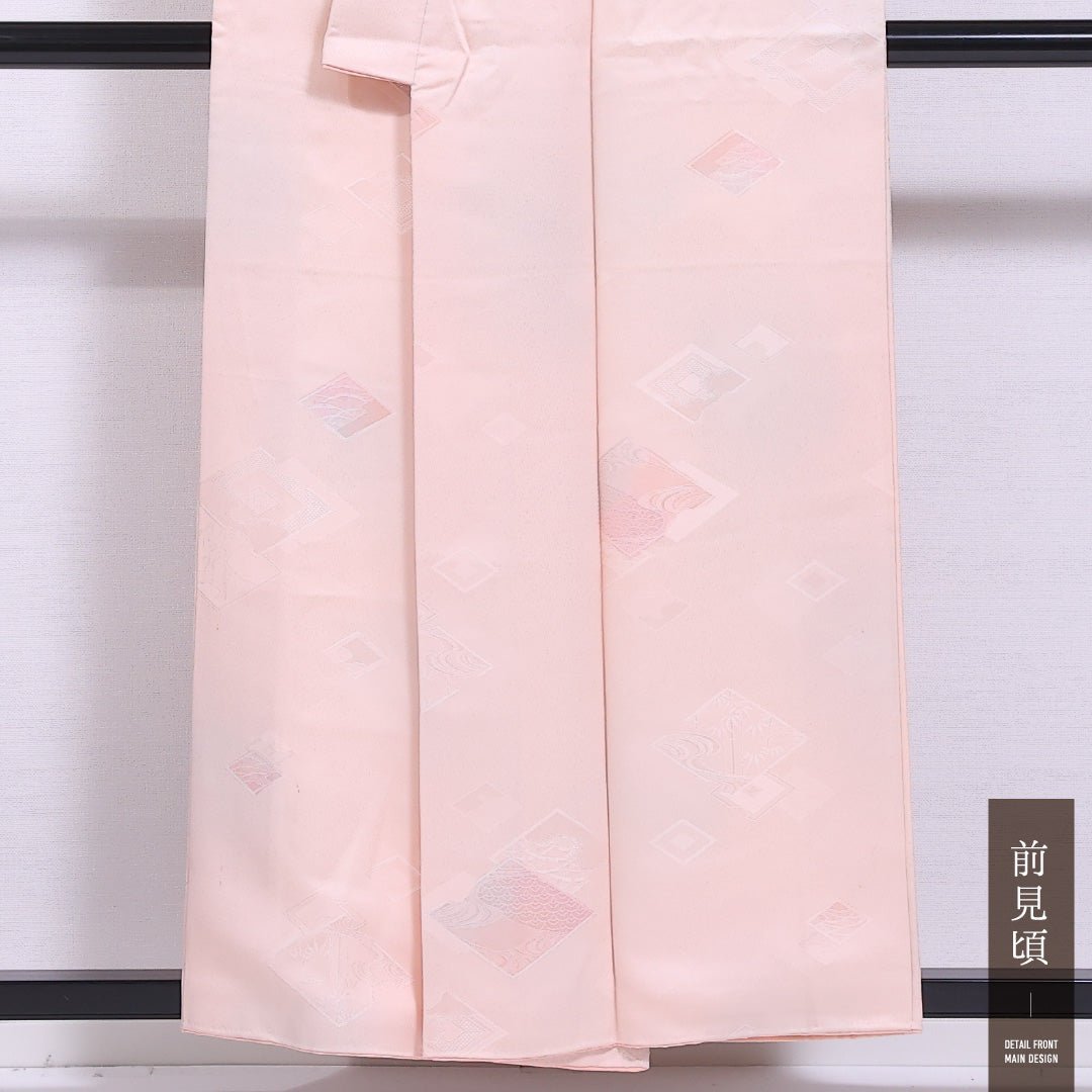 小紋 袷 身丈153cm 裄丈64cm 正絹 Cランク インフォーマル バチ衿 Sサイズ 色無地 松皮菱 ピンク系 LP 1221-11577