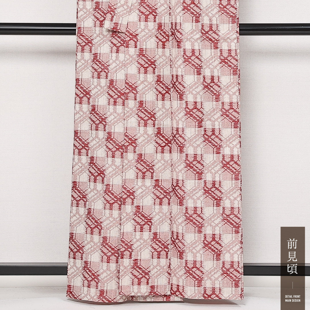 洗える着物 ウールの紬 単衣 身丈160cm 裄丈65cm ウール Sランク カジュアル Lサイズ 市松 赤系 RP 1223-13729