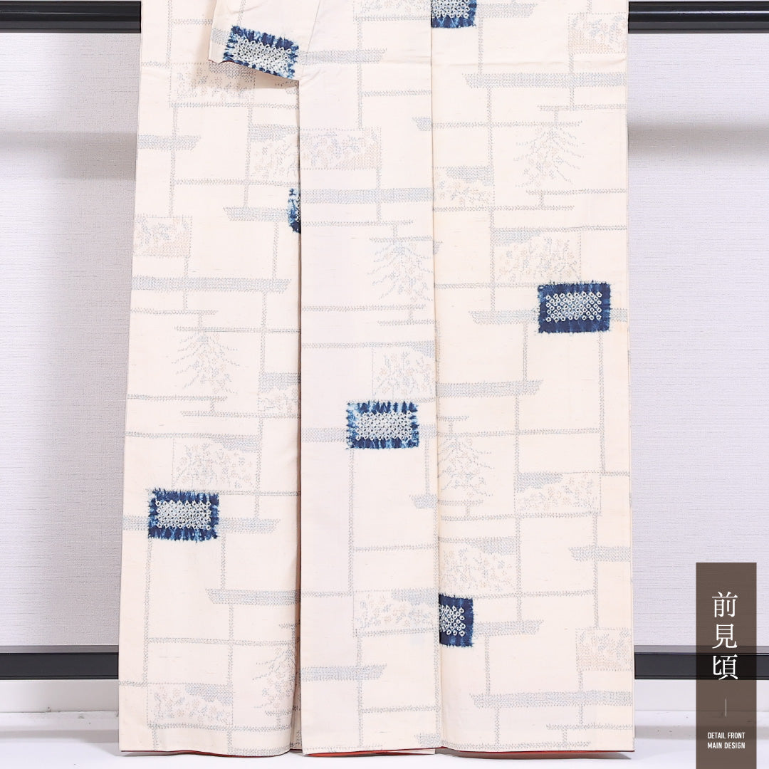 紬 袷 身丈160cm 裄丈67cm 正絹 Cランク カジュアル 広衿 Lサイズ 創作柄 クリーム系 LP 1223-11704