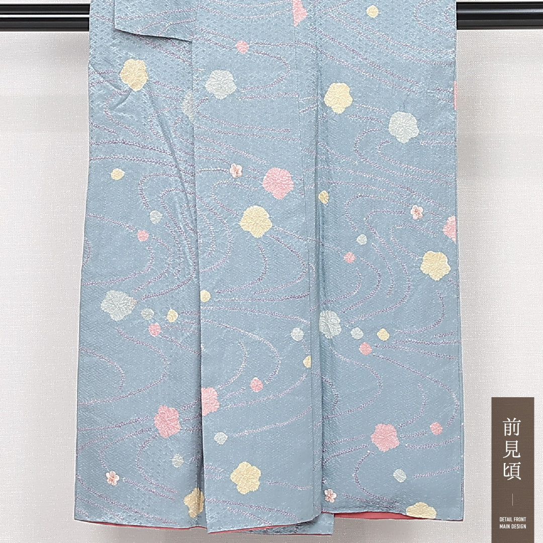小紋 袷 身丈146cm 裄丈62cm 正絹 Bランク インフォーマル 広衿 XSサイズ 刺繍 流水 桜 桜 水色系 RP 1221-13115