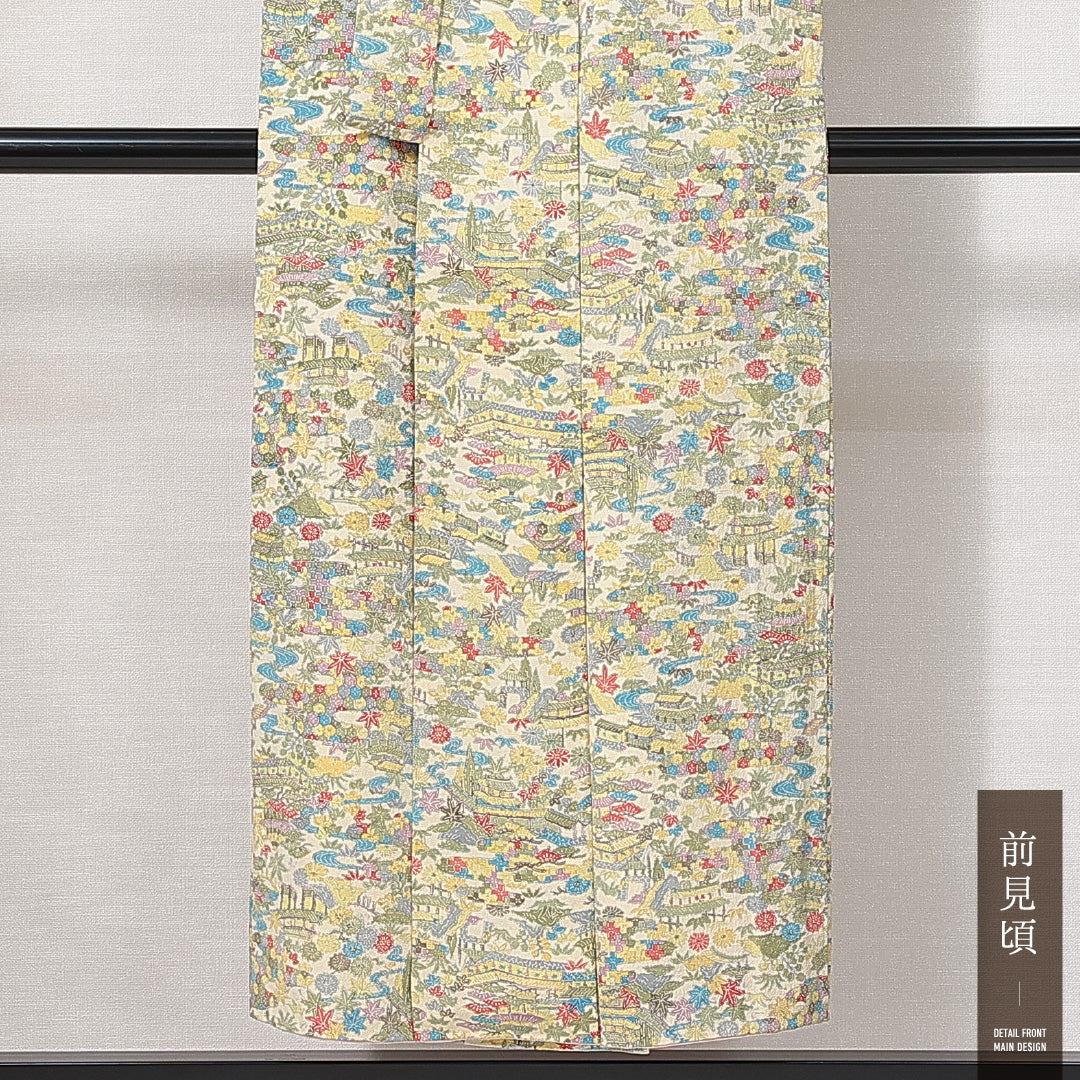 小紋 袷 身丈147cm 裄丈61cm 正絹 Sランク インフォーマル バチ衿 XSサイズ 楼閣 花柄 クリーム系 RP 1221-14933