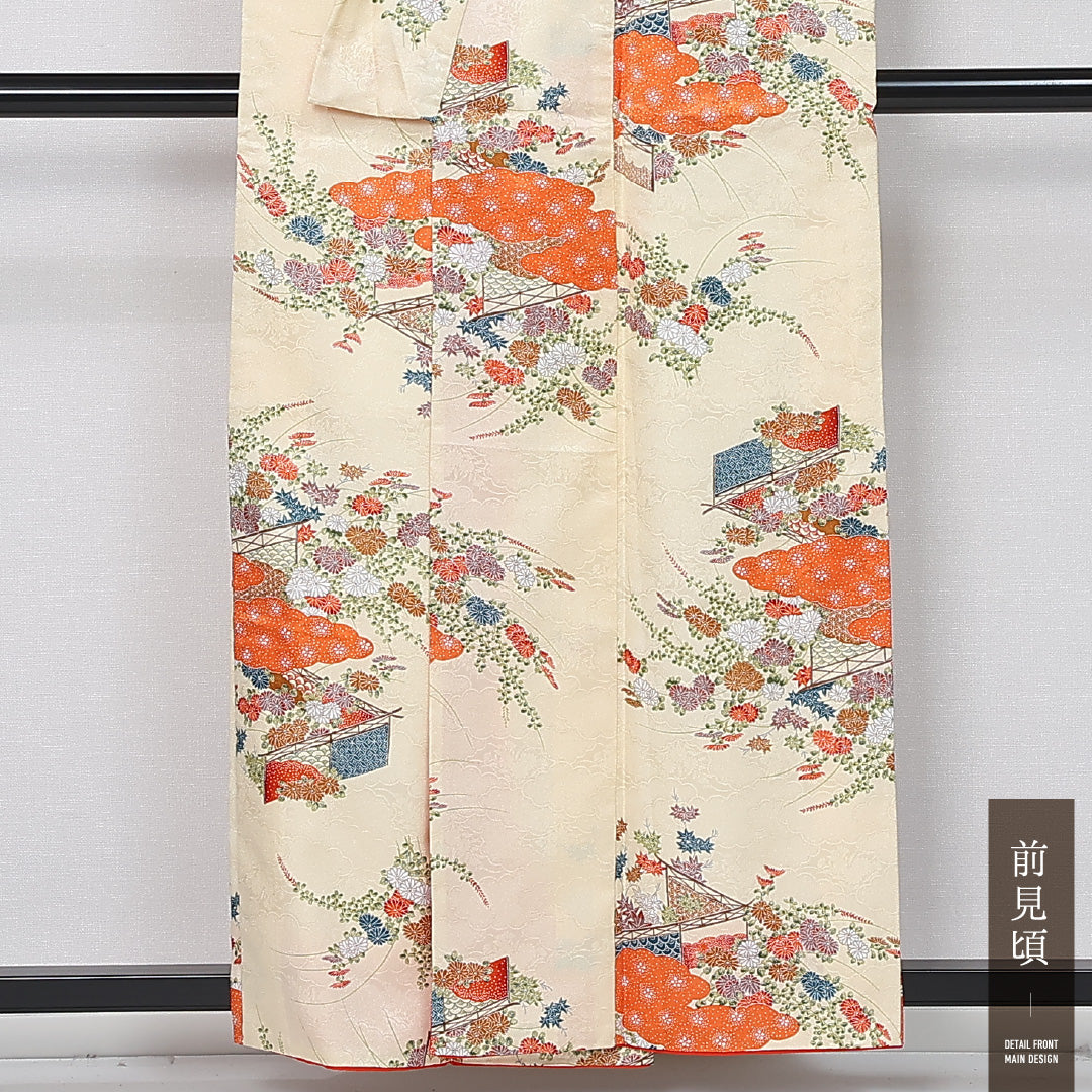 洗える着物 小紋 袷 身丈155cm 裄丈65cm ポリエステル Sランク インフォーマル 広衿 Mサイズ 御所解 クリーム系 RP 1221-11938