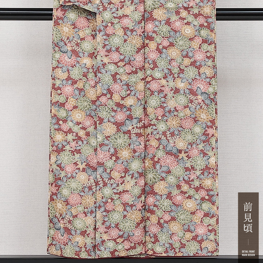 洗える着物 小紋 袷 身丈149cm 裄丈60cm ポリエステル Sランク インフォーマル 広衿 XSサイズ 花柄 赤系 RP 1221-14256