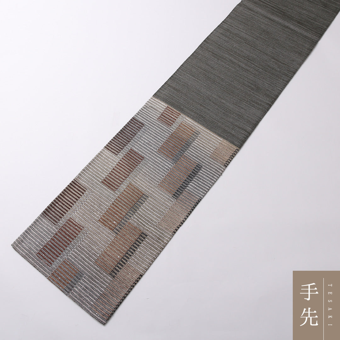 袋帯 帯丈444cm 六通 カジュアル Sランク ポリエステル 創作柄 独創的 粋 グレー系 1223-01608