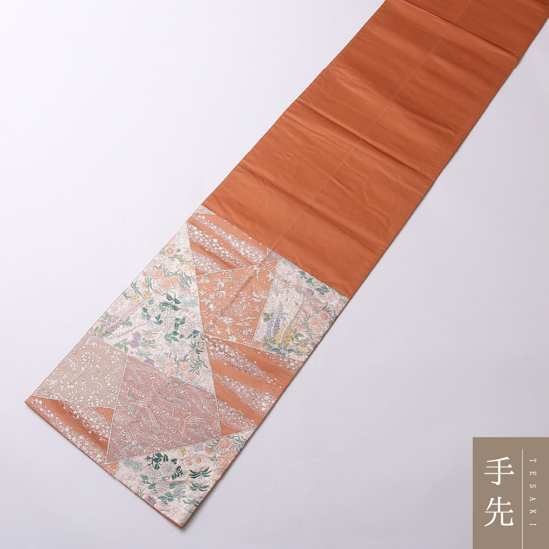 袋帯 帯丈442cm 六通 フォーマル Sランク 正絹 尾長鳥 藤 古典的 華やか 朱系 1223-01593