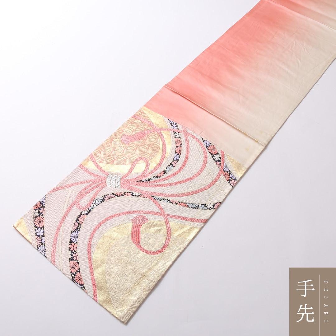 袋帯 帯丈424cm 正絹 六通 フォーマル 熨斗 組紐 ピンク系 1243-01692