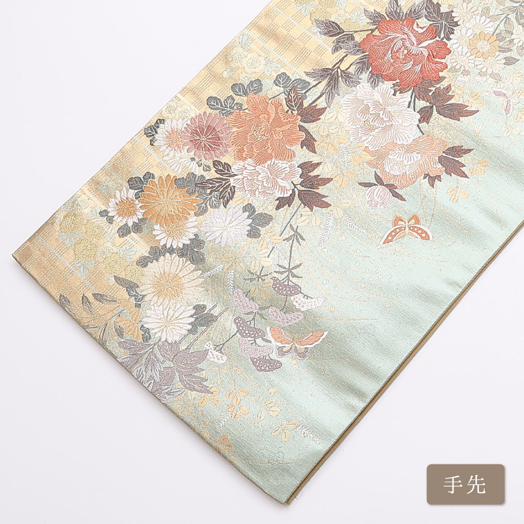 袋帯 帯丈436cm 六通 引箔 牡丹や菊 蝶 藤 振袖帯 フォーマル 緑系 正絹 Sランク 1223-00861