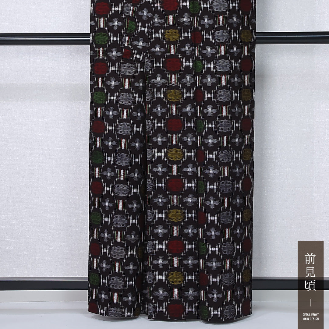 紬 単衣 身丈161cm 裄丈66cm 正絹 Aランク カジュアル バチ衿 Lサイズ 居敷当て 肩当て 蜀江 花菱 黒系 RP 1223-12233