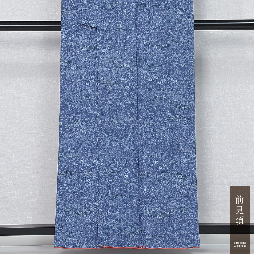 洗える着物 小紋 袷 身丈157cm 裄丈62cm ポリエステル Cランク インフォーマル バチ衿 Mサイズ 茶屋辻 花柄 紅葉 青系 LP 1221-12047