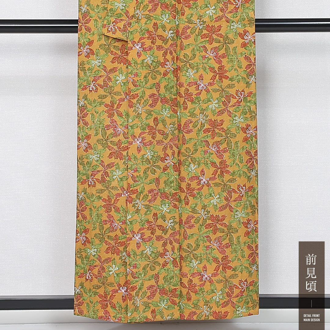 紬 単衣 身丈155cm 裄丈62cm 正絹 Bランク カジュアル バチ衿 Mサイズ 染め紬 肩当て 花柄 黄系 RP 1223-12031