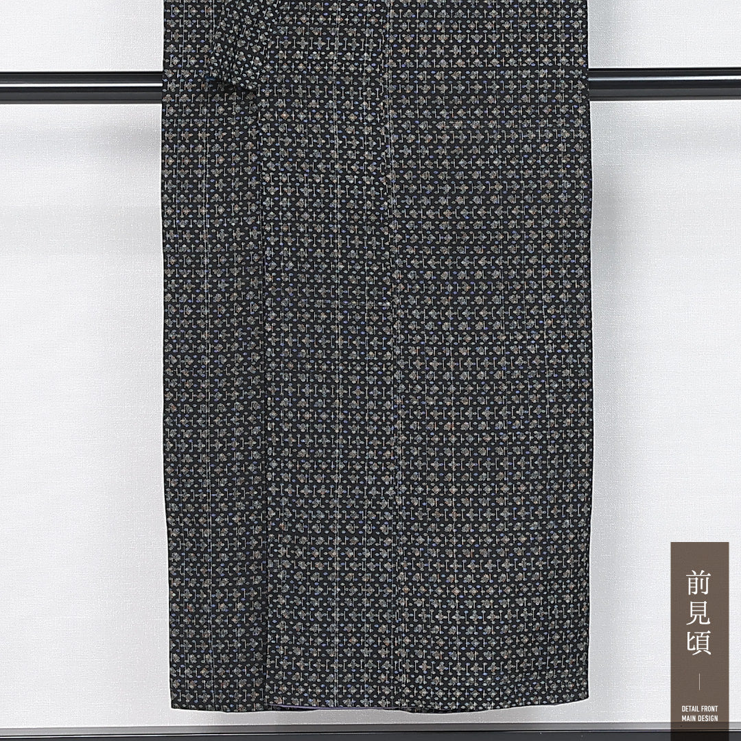 アンティーク 紬 身丈148cm 裄丈63cm Bランク XS 正絹 袷 バチ衿 レトロ 創作 黒系 1216-11953