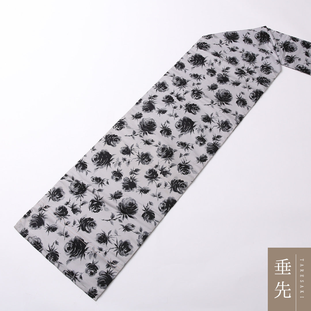 九寸 名古屋帯 帯丈333cm 名古屋仕立て 全通 Cランク カジュアル 正絹 薔薇 写実的 モダン グレー系 1224-02778