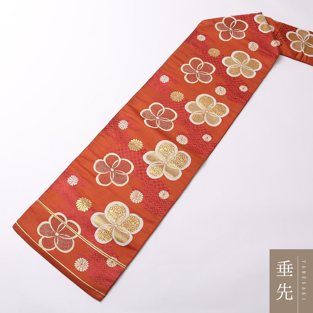 アンティーク 九寸名古屋帯 Aランク 帯丈339cm 正絹 六通 名古屋仕立て 織り 梅 朱系 LP 1245-02649