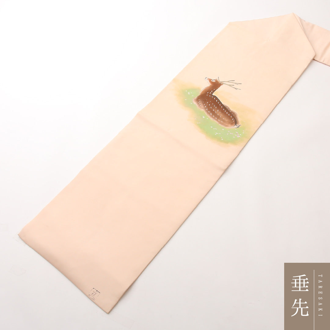 名古屋帯 ポイント柄 帯丈363cm カジュアル Cランク 正絹 塩瀬 鹿 桜 落款 ピンク系 1224-02438