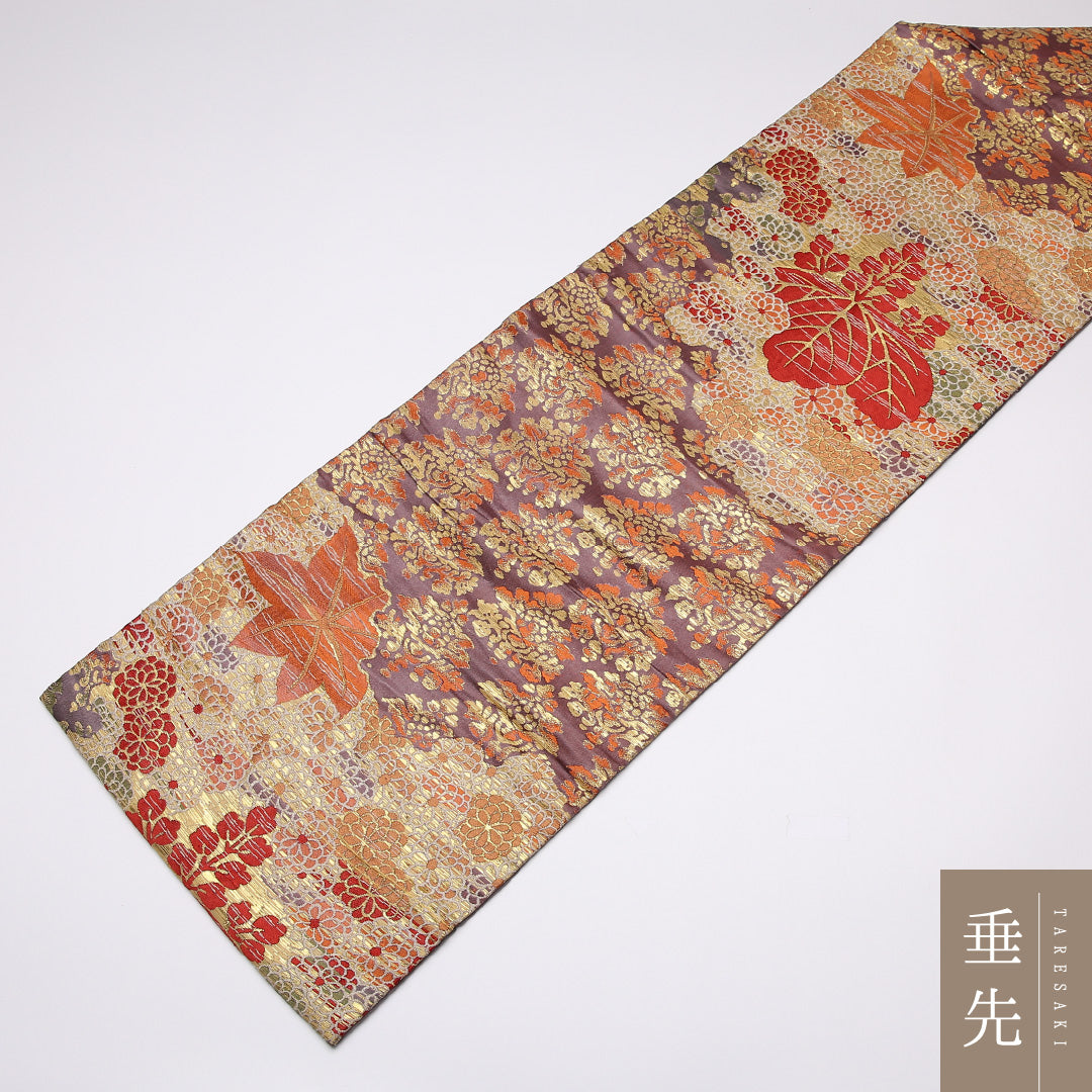 アンティーク 九寸名古屋帯 Cランク 帯丈354cm 正絹 六通 名古屋仕立て 織り 菊 桐 紅葉 金系 RP 1245-01436