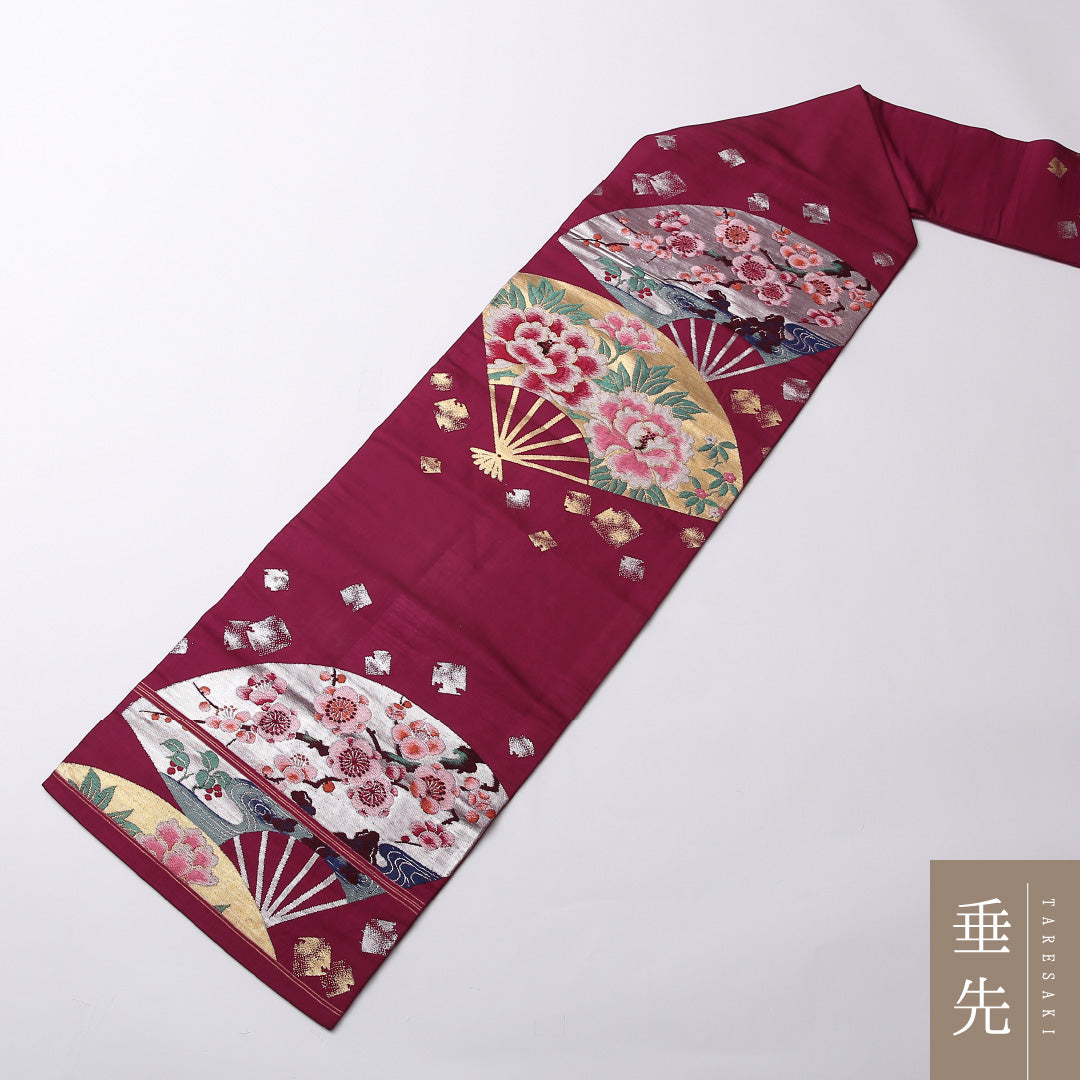 アンティーク 九寸名古屋帯 Aランク 帯丈342cm 正絹 六通 名古屋仕立て 織り 花扇 紫系 M4 1245-02735