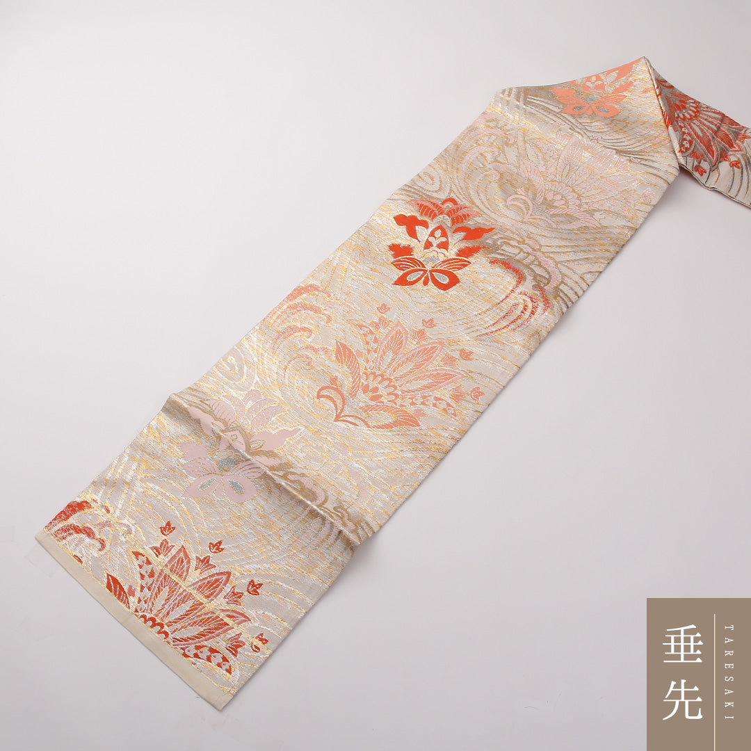 九寸名古屋帯 Aランク 帯丈350cm 正絹 六通 名古屋仕立て 織り セミフォーマル 唐草華文 荒磯 クリーム系 RP 1245-02209