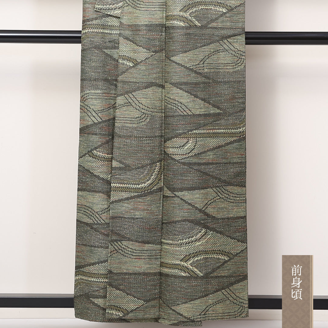 紬 単衣 身丈156cm 裄64cm 洗える着物 ウール 幾何学 割付 緑系 Sランク 1216-01181