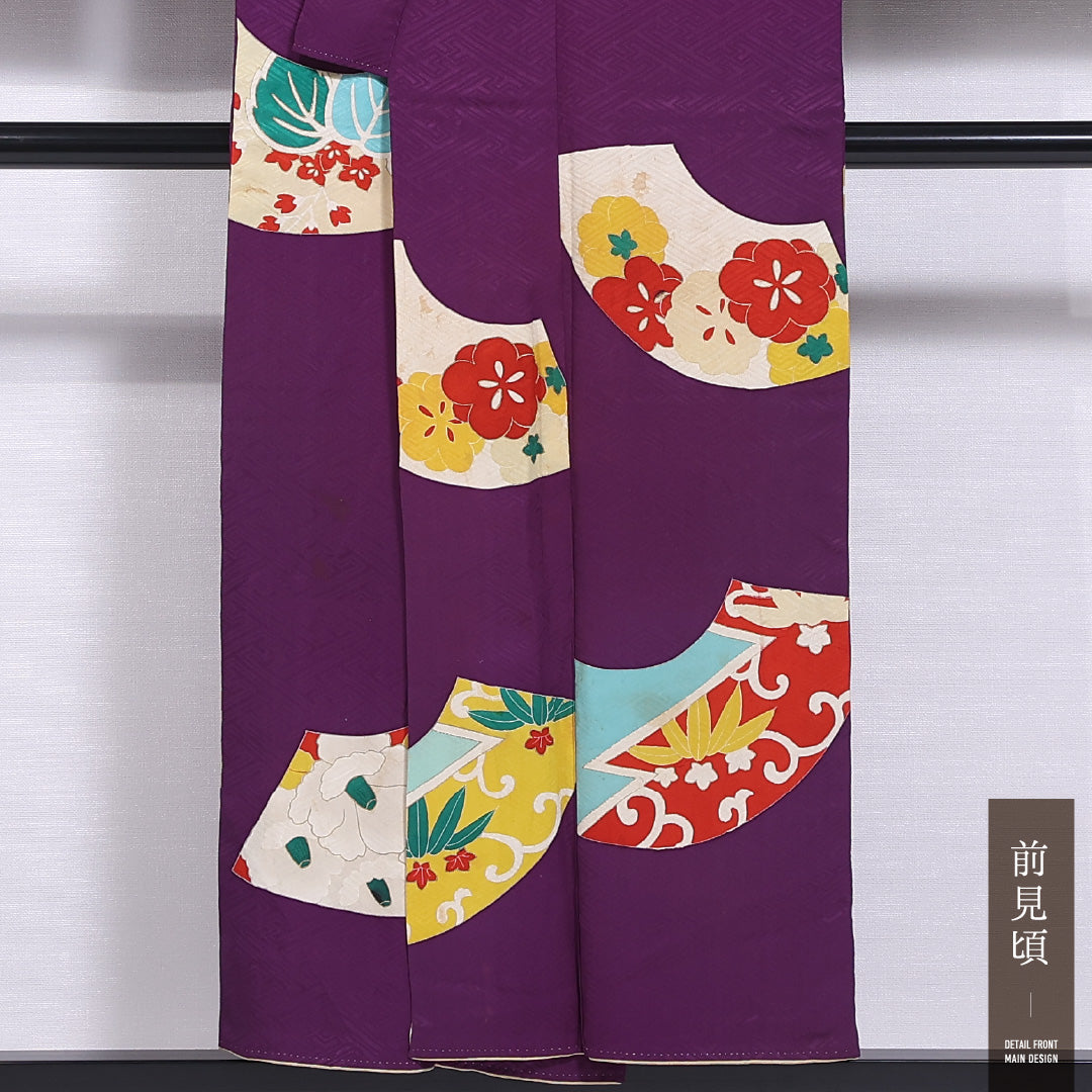 アンティーク 小紋 袷 身丈149cm 裄丈64cm 正絹 Cランク バチ衿 XSサイズ 扇 牡丹 笹 紫系 M4 1221-11788