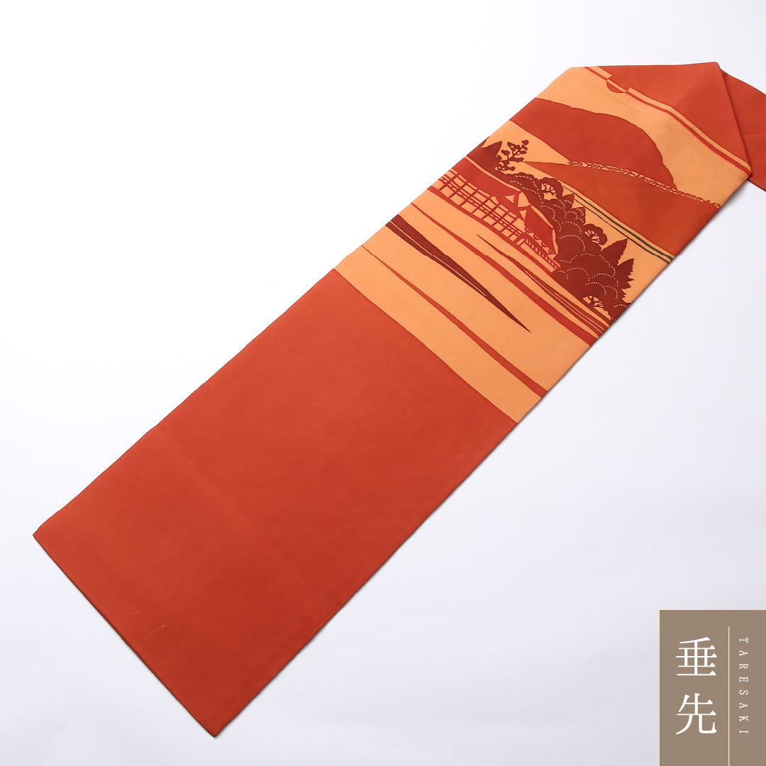 九寸名古屋帯 Aランク 帯丈376cm 正絹 ポイント柄 名古屋仕立て 染め インフォーマル 塩瀬 茶屋辻 朱系 GP 1245-02488