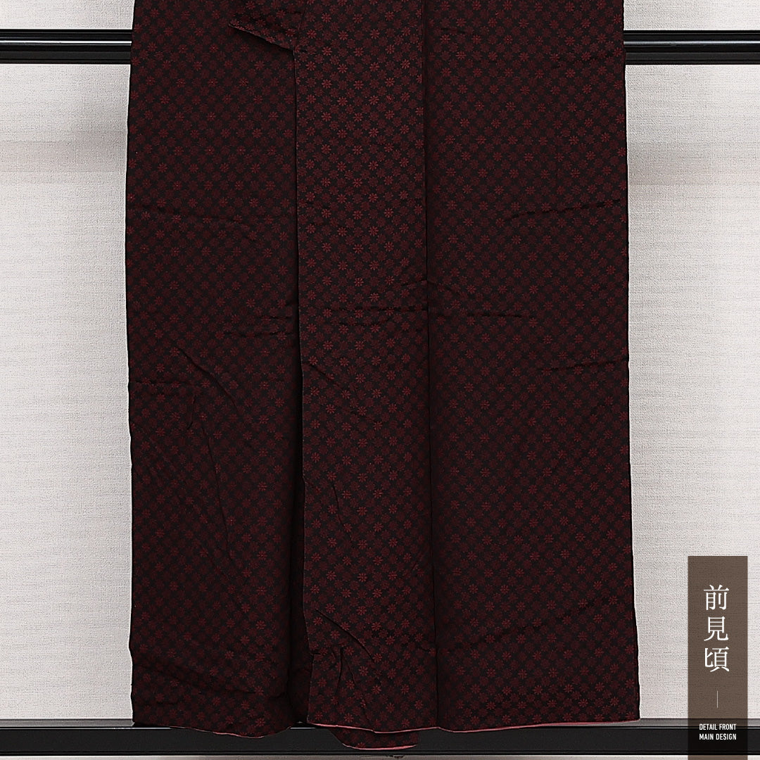 アンティーク お召 袷 身丈153cm 裄丈63cm 正絹 Aランク バチ衿 Sサイズ 花柄 黒系 RP 1222-14082