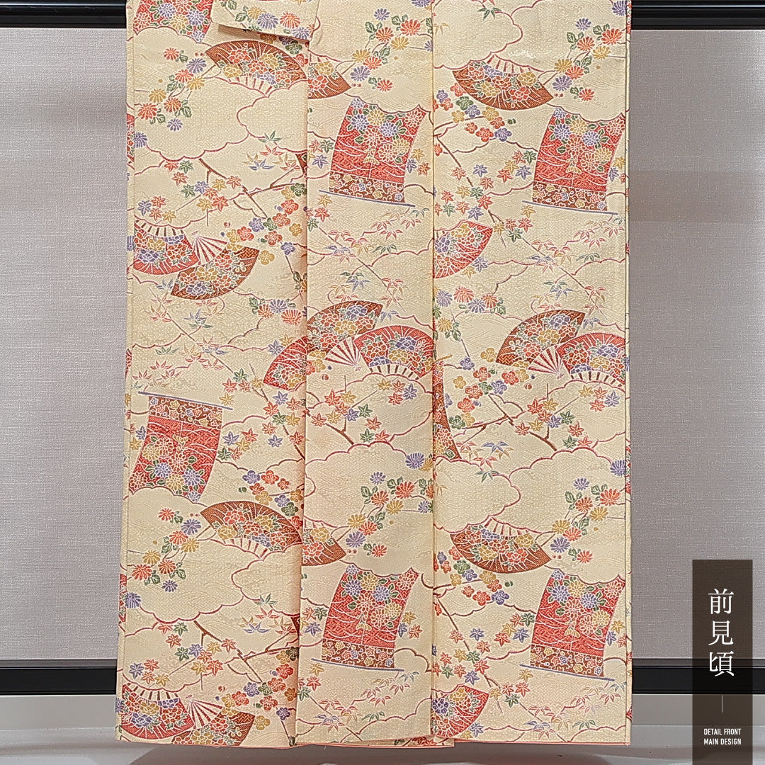 洗える着物 小紋 袷 身丈156cm 裄丈64cm ポリエステル Aランク インフォーマル 広衿 Mサイズ 几帳 扇子 クリーム系 HP 1221-14993