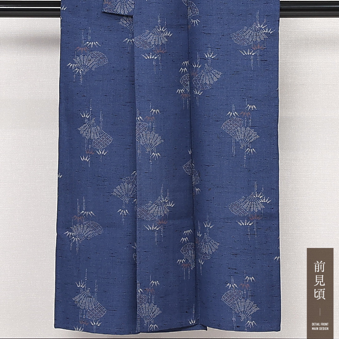 夏物 洗える着物 紬 夏物 身丈148cm 裄丈64cm ポリエステル Aランク カジュアル バチ衿 XSサイズ 居敷当て 扇 笹 青系 RP 1223-13295