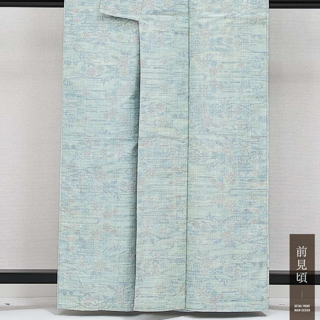 紬 袷 身丈160cm 裄丈64cm 正絹 Cランク カジュアル 広衿 Lサイズ 花柄 水色系 HP 1223-14362