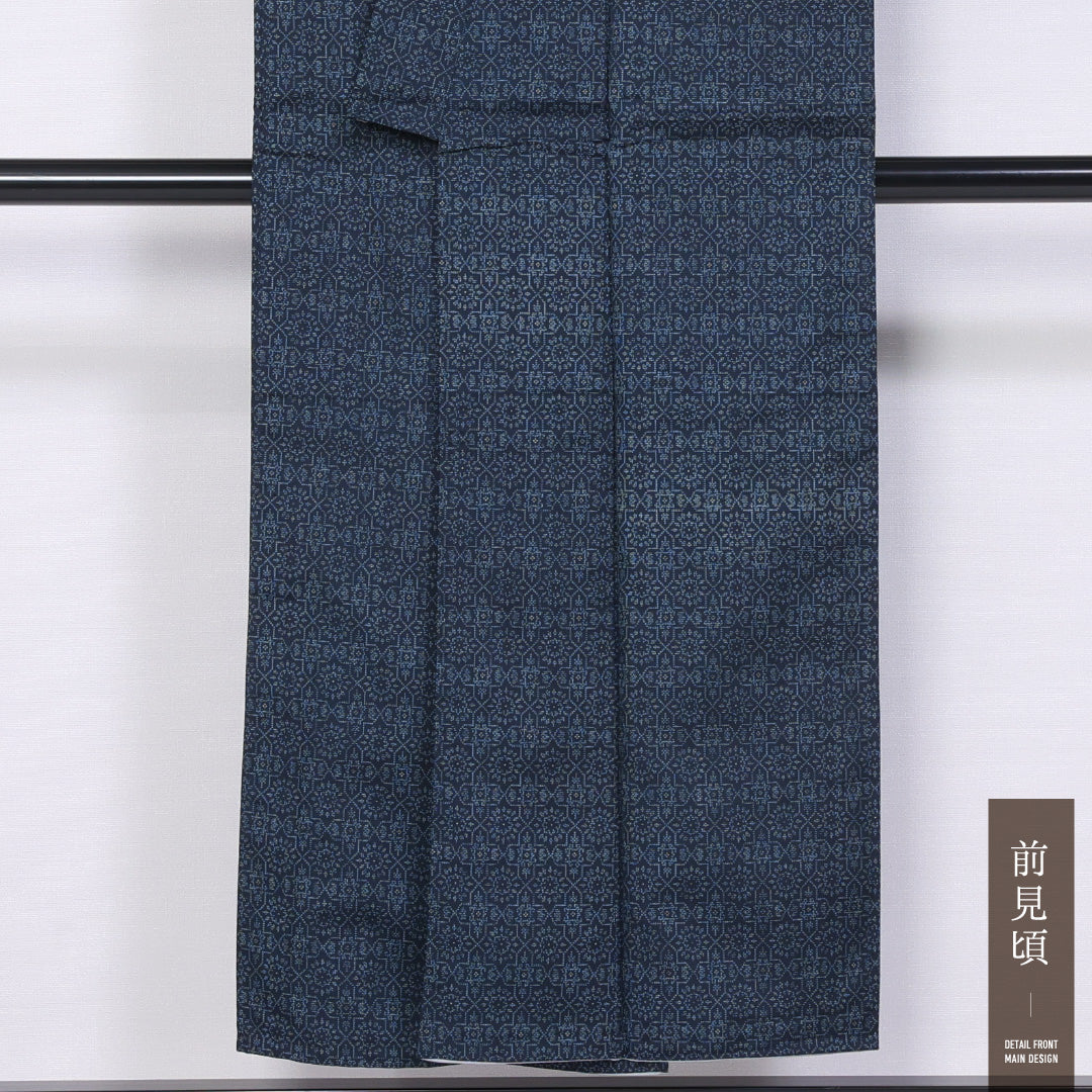 紬 身丈149cm 裄丈62cm XS 正絹 Sランク 袷 広衿 幾何学 1216-11500