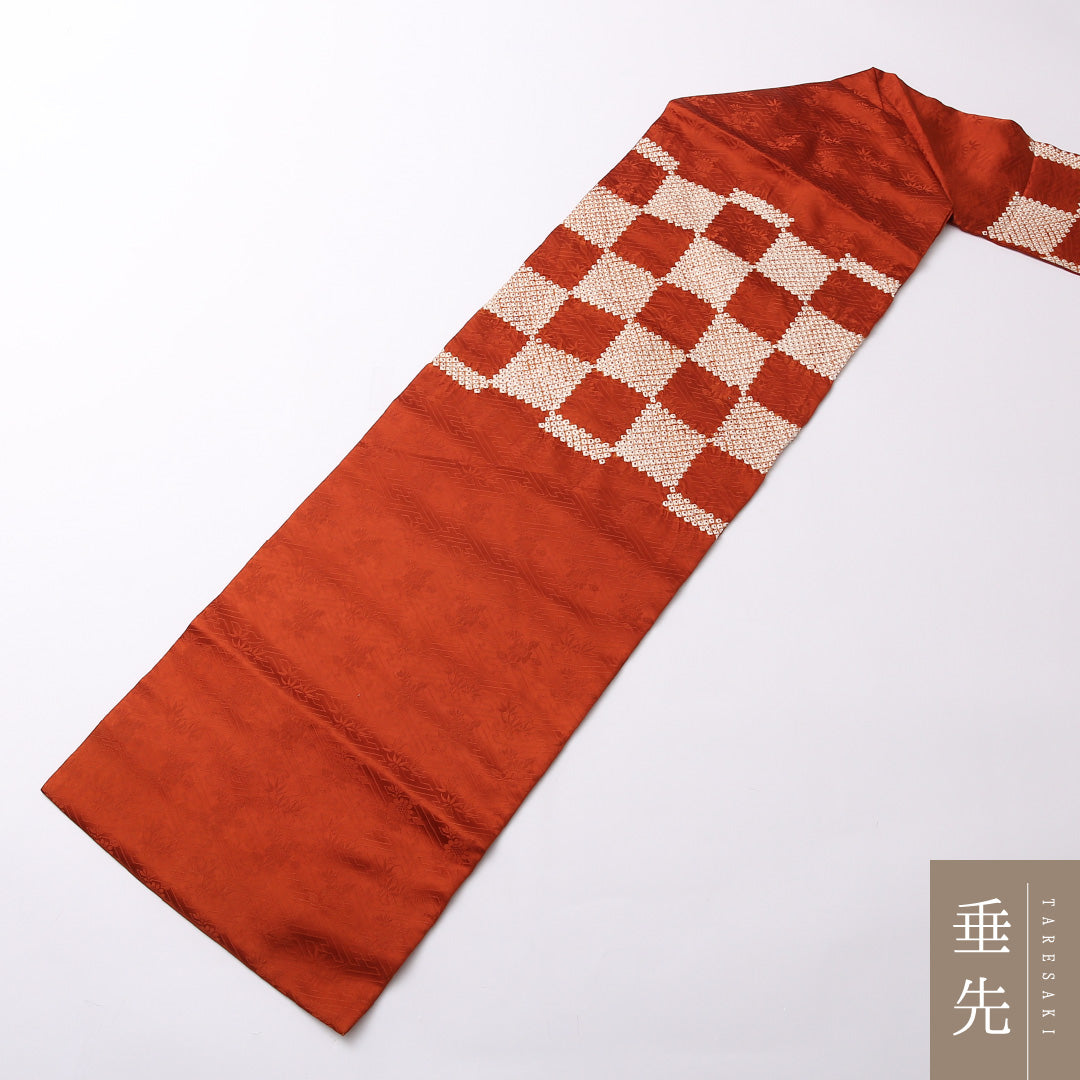 九寸名古屋帯 Sランク 帯丈342cm 正絹 六通 名古屋仕立て 染め インフォーマル 綸子 絞り 市松 朱系 LP 1245-02794