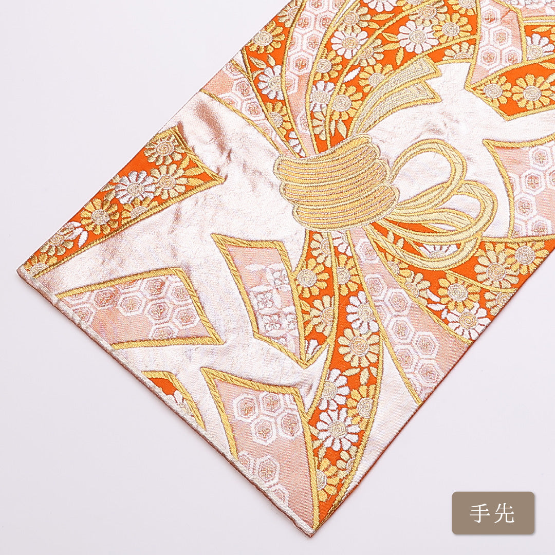 袋帯 帯丈440cm 六通 熨斗 組紐 吉祥文様 フォーマル 朱系 正絹 Aランク 1223-00854